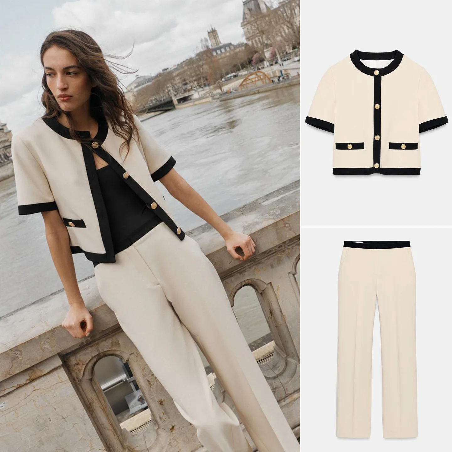 

Color Block Short Sleeve Suit Jacket High Waist Straight Leg Pants Women's Fashion Spring Outfit Casual round Neck Coat