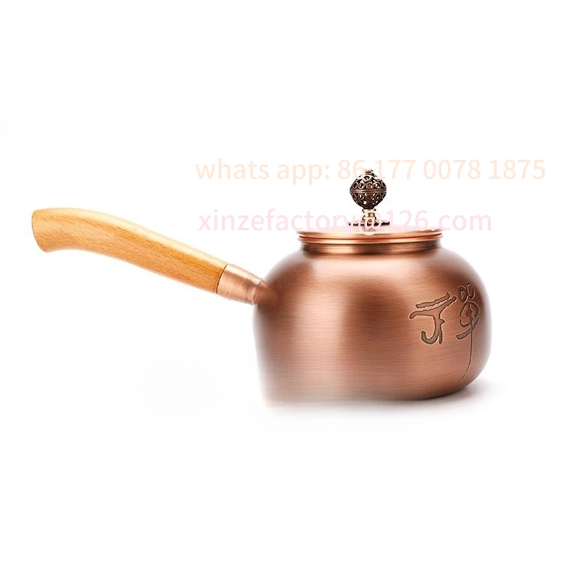 Manico laterale in rame puro personalizzabile, piccola pentola, teiera per sala da tè, incisione, legno retrò in rame addensato fatto a mano