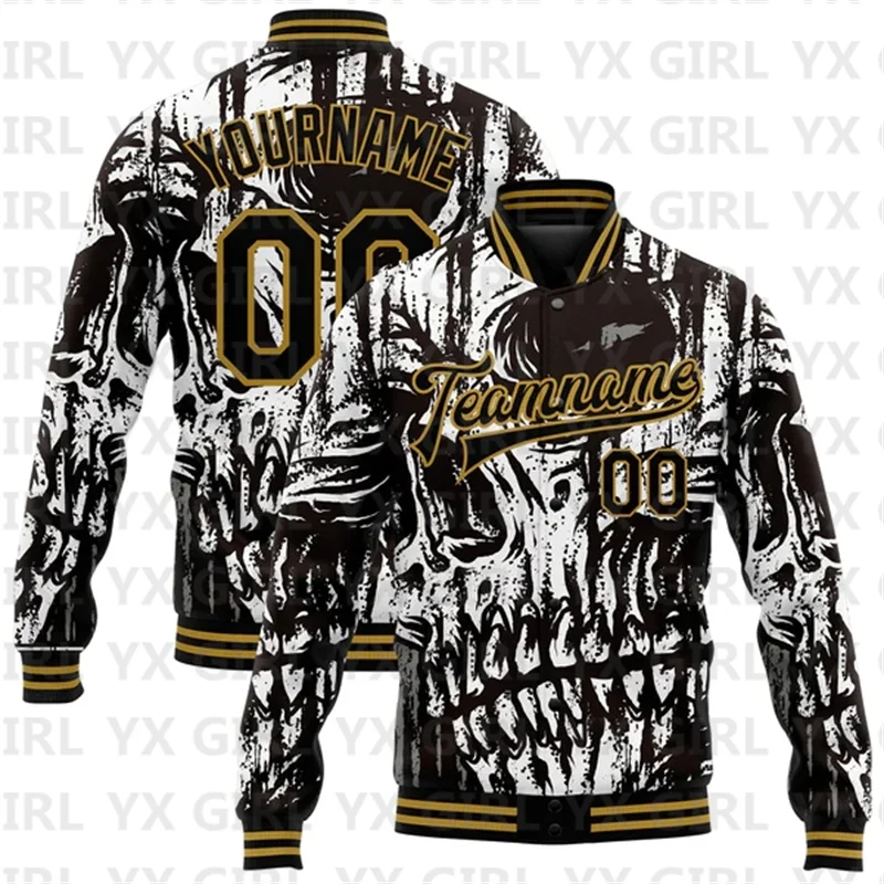 Custom Black Old Gold Skull Fashion 3D Bomber Full-Snap Varsity Letterman Jacket 3D Baseball Button Jacket