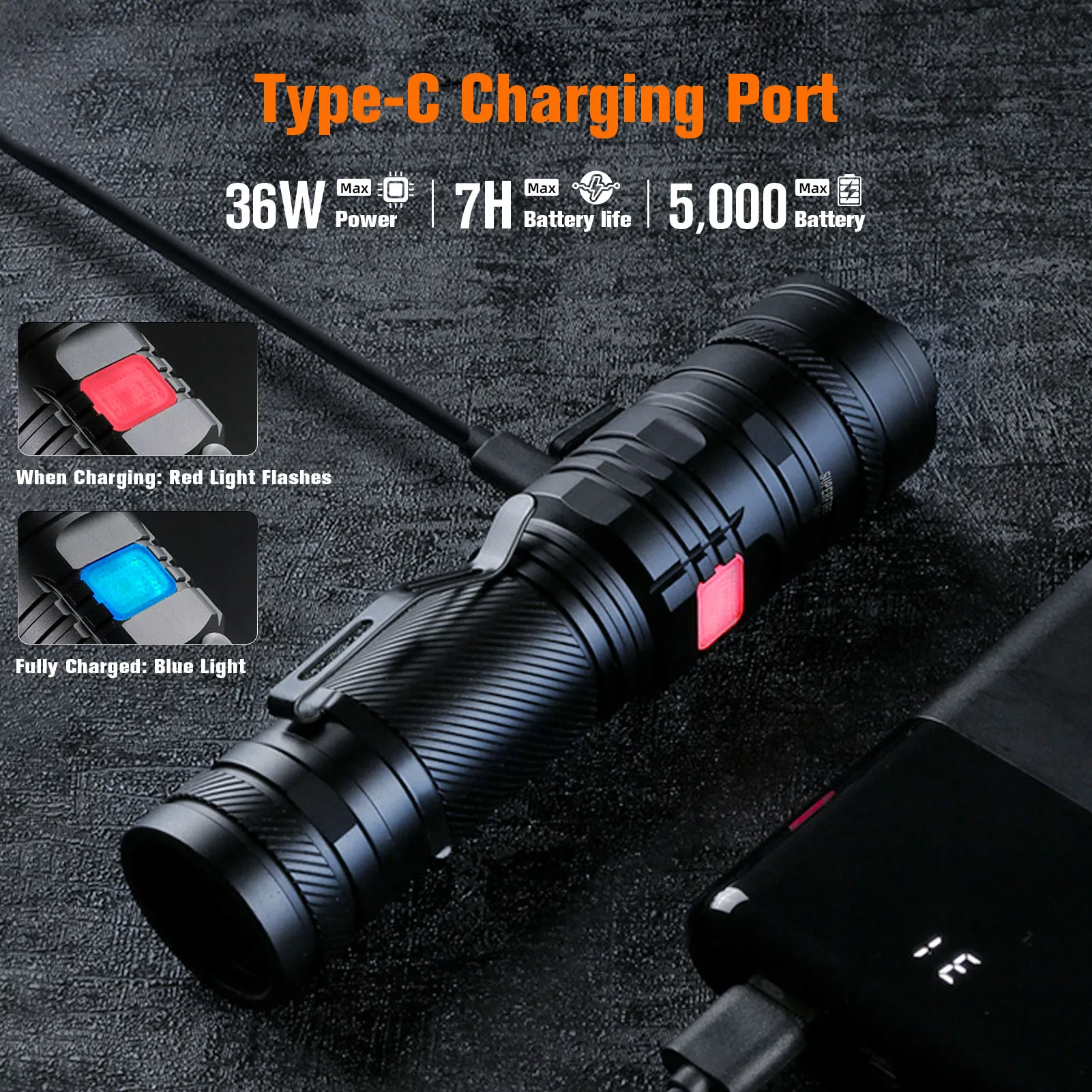 SUPERFIRE 36W Hochleistungs-LED Wasserdichte Taschenlampe mit Wick 26650 Akku Leistungsstarker Indikator USB-C Taktische Jagdbeleuchtung – Detail 7