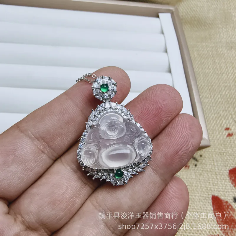 Silver-plated pendant with high-quality ice chalcedony, featuring the Laughing Buddha, Maitreya Buddha, and green agate gemstone