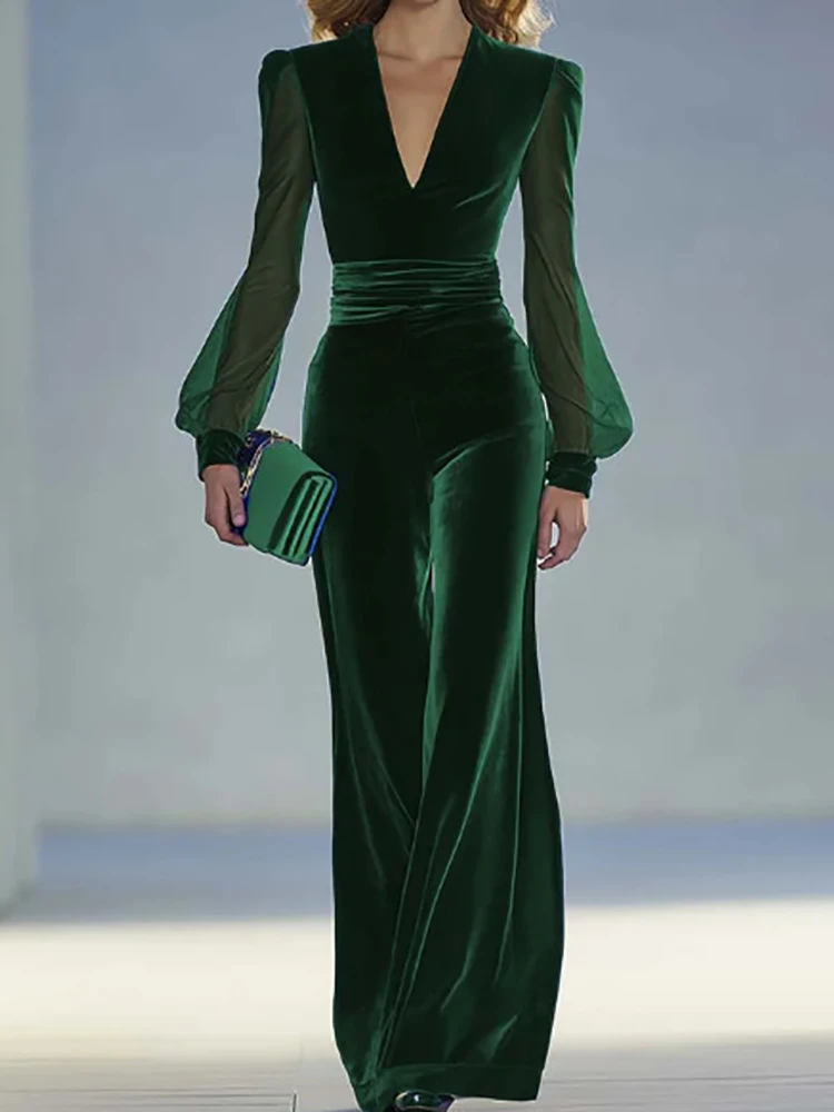 深いVネックの秋冬シックなジャンプスーツ、女性用ホリデーロングスリーブファッションプレイスーツ、無地パッチワークシンプルレディースボディスーツ