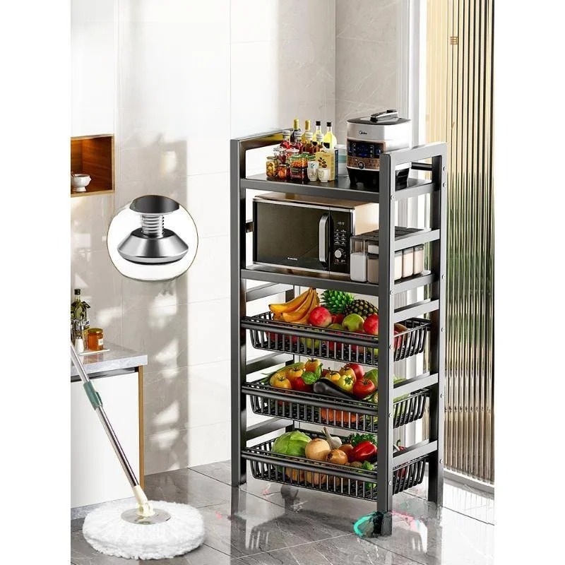 Mobile Kitchen Basket Multi-Functional Storage Rack Stand for Home Use Microwave Oven Pot Holder  Style Chinese Style
