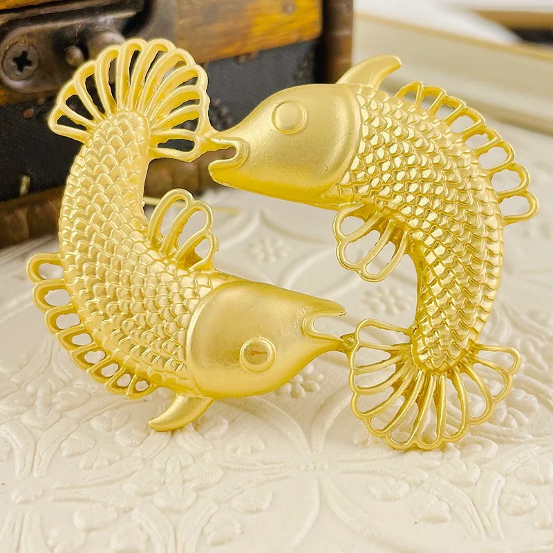 Chinese style retro alloy hollow double fish and carp brooch