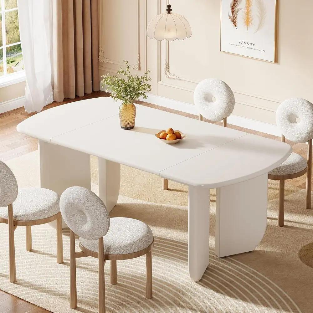 63 White Large Dining Table for 4-6, Rounded Edges, Suitable for Kitchen or Dining Area