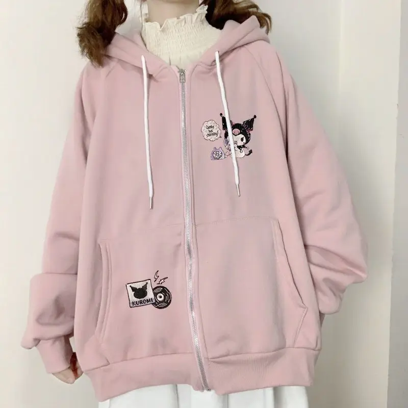 Japanese Sanrio Cinnamoroll Long Sleeve Zip Up Hoodie Sweatshirt Kuromi Women Spring Autumn Loose Vintage Sweet Cool Cardigan