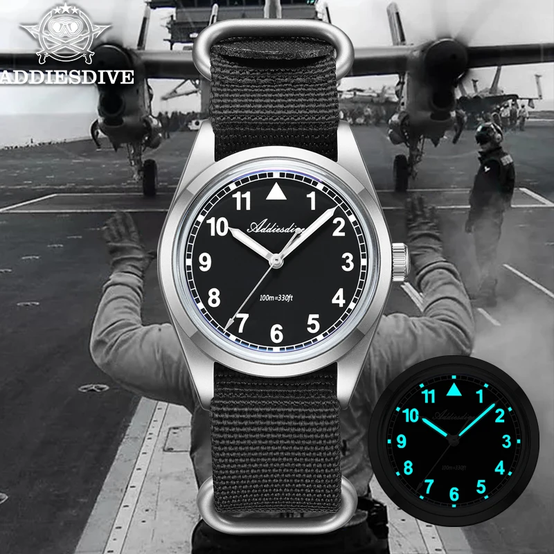 Addiesdive retro militar relógio de aço inoxidável k1 vidro mineral luminoso esportes quartzo relógio masculino pulseira náilon vh31 reloj hombre