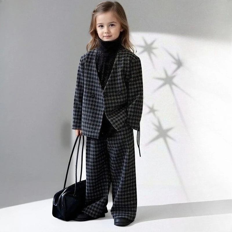 

Костюм для девочек-подростков, весенне-осенний винтажный клетчатый пиджак в горошек, брюки, элегантный школьный наряд для подростков, одежда для девочек