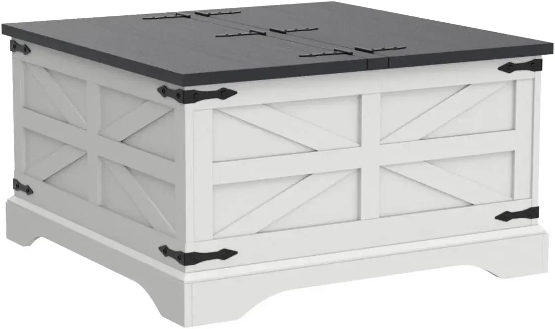 Farmhouse Coffee Table, Square Wood Center Table with Large Hidden Storage Compartment for Living Room, Rustic Cocktail Table