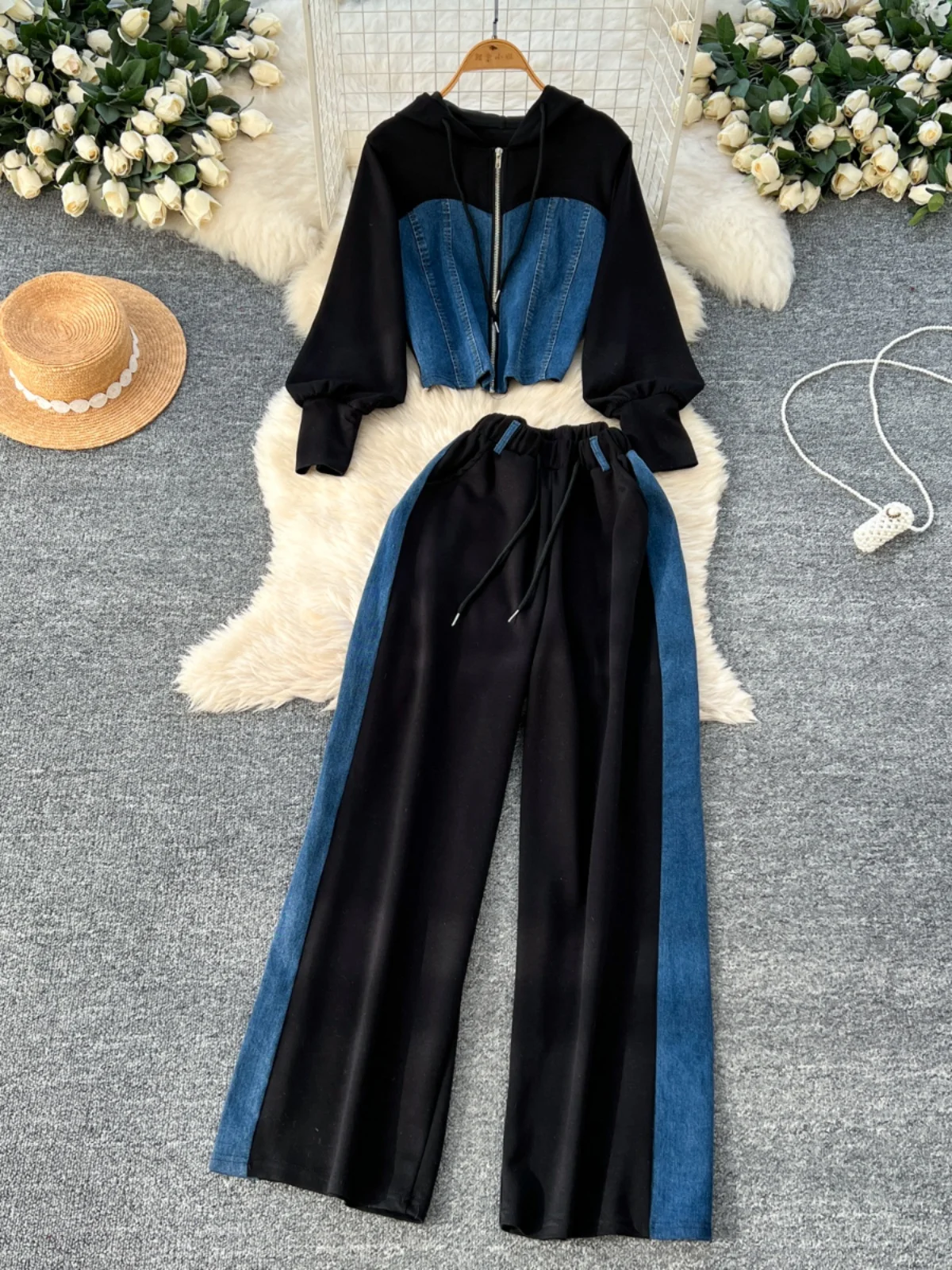 Spring Casual Sportswear Set Women's High Waist Denim Wide Leg Pants Long Sve Hoodie Faionable Ensemble for Young Ladies