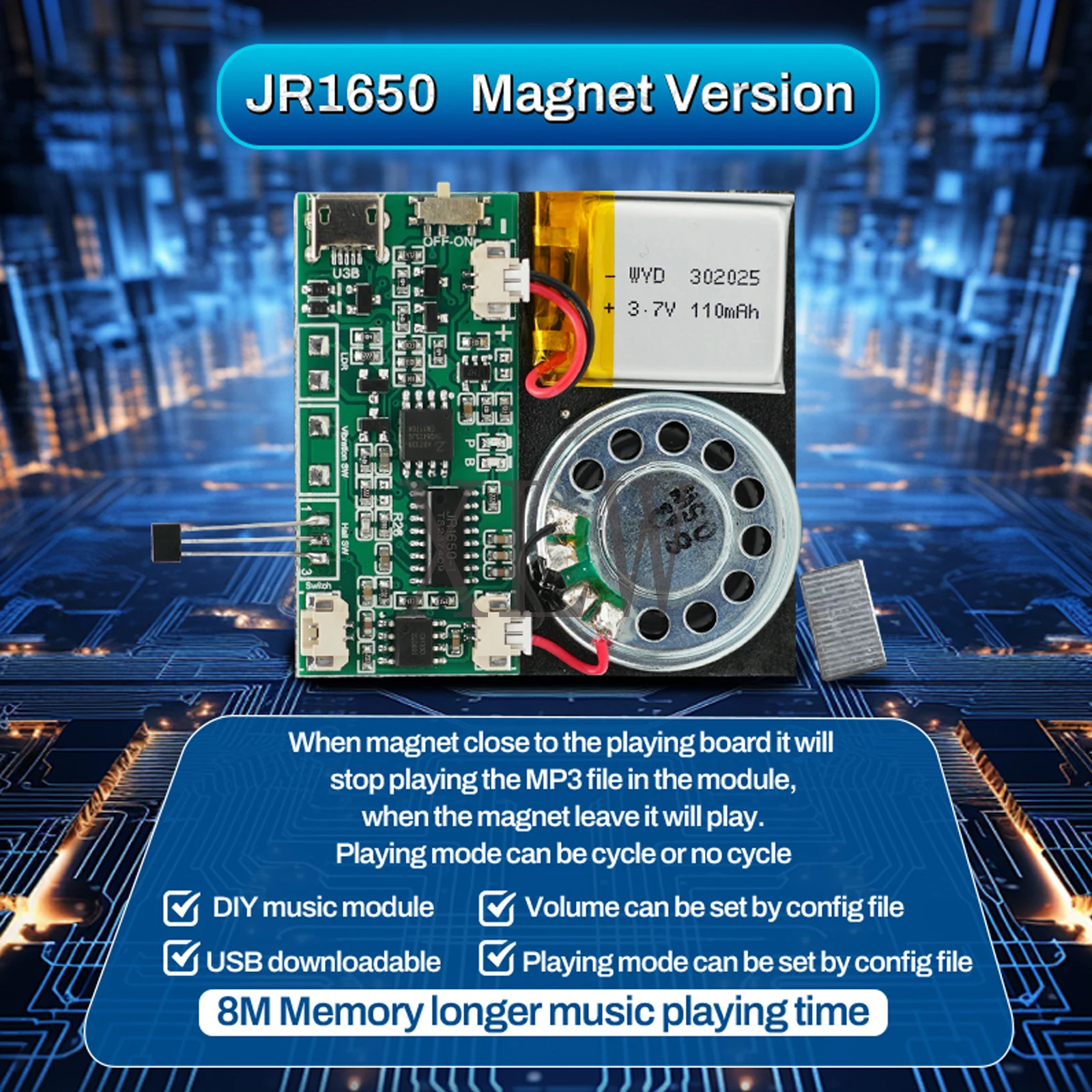 8MB Magnet Sensor Sound Module Chip USB Downloadable & Recordable & Rechargeable with MP3 Audio Playback for Xmas Greeting Card