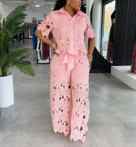 Two Piece Set Women Outfit 2025 Spring New Elegant Hollow Lace Turn-Down Collar Short Sleeve Shirt & Casual Wide Leg Pants Set