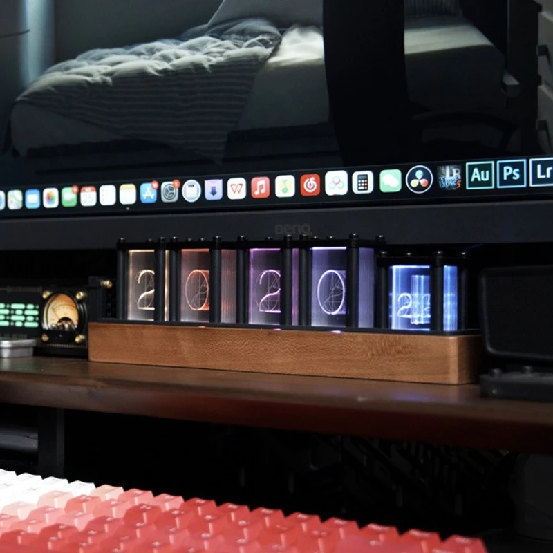 RGB Desktop Clock Walnut LED Glow Tube Clock Colorful Creative Digital Tube Clocks Table Aesthetic Decorations Accessories