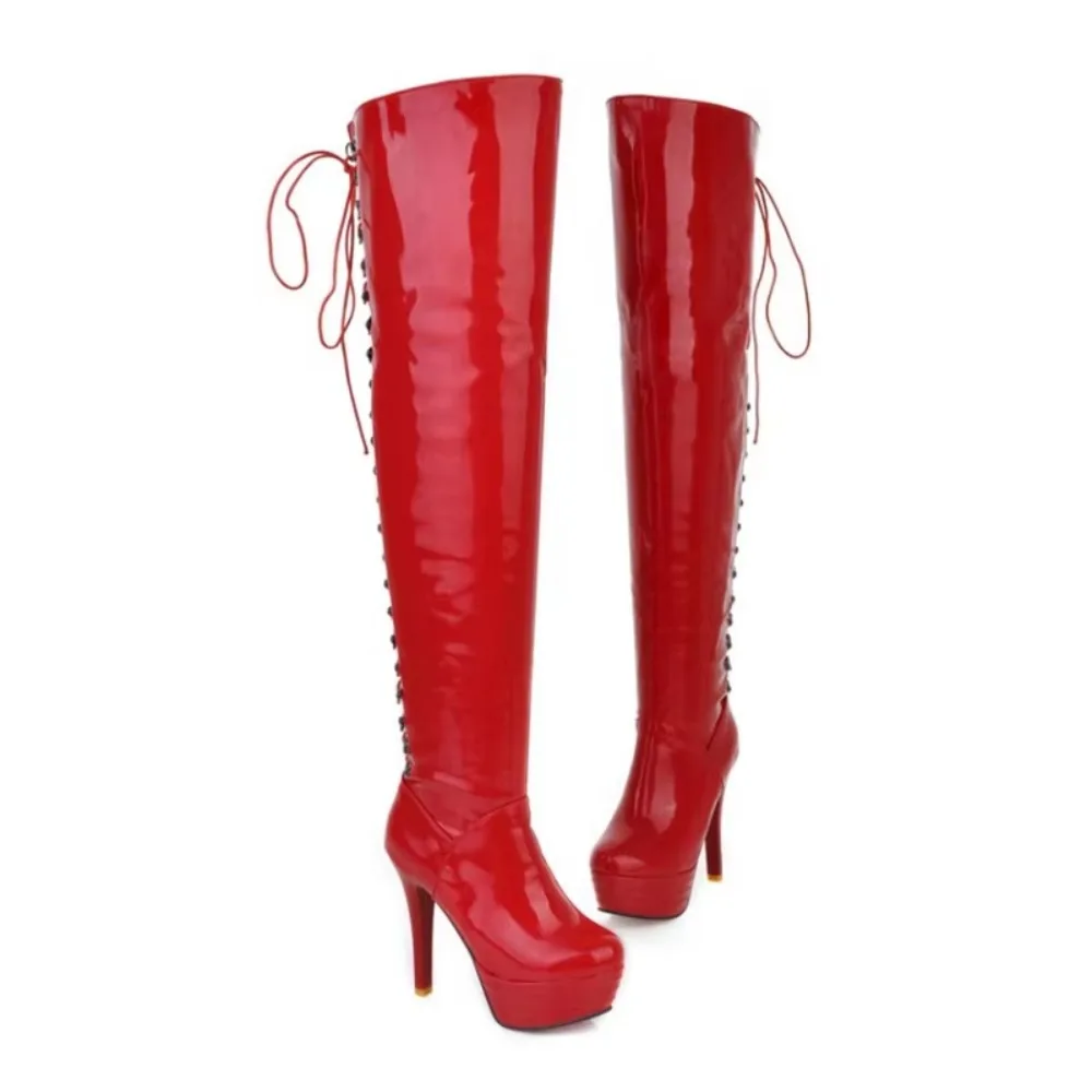Women Platform Over‑the‑Knee Boots Back Lace‑Up High Heel Patent Leather Warm Lined Large Size 32‑52 M-888