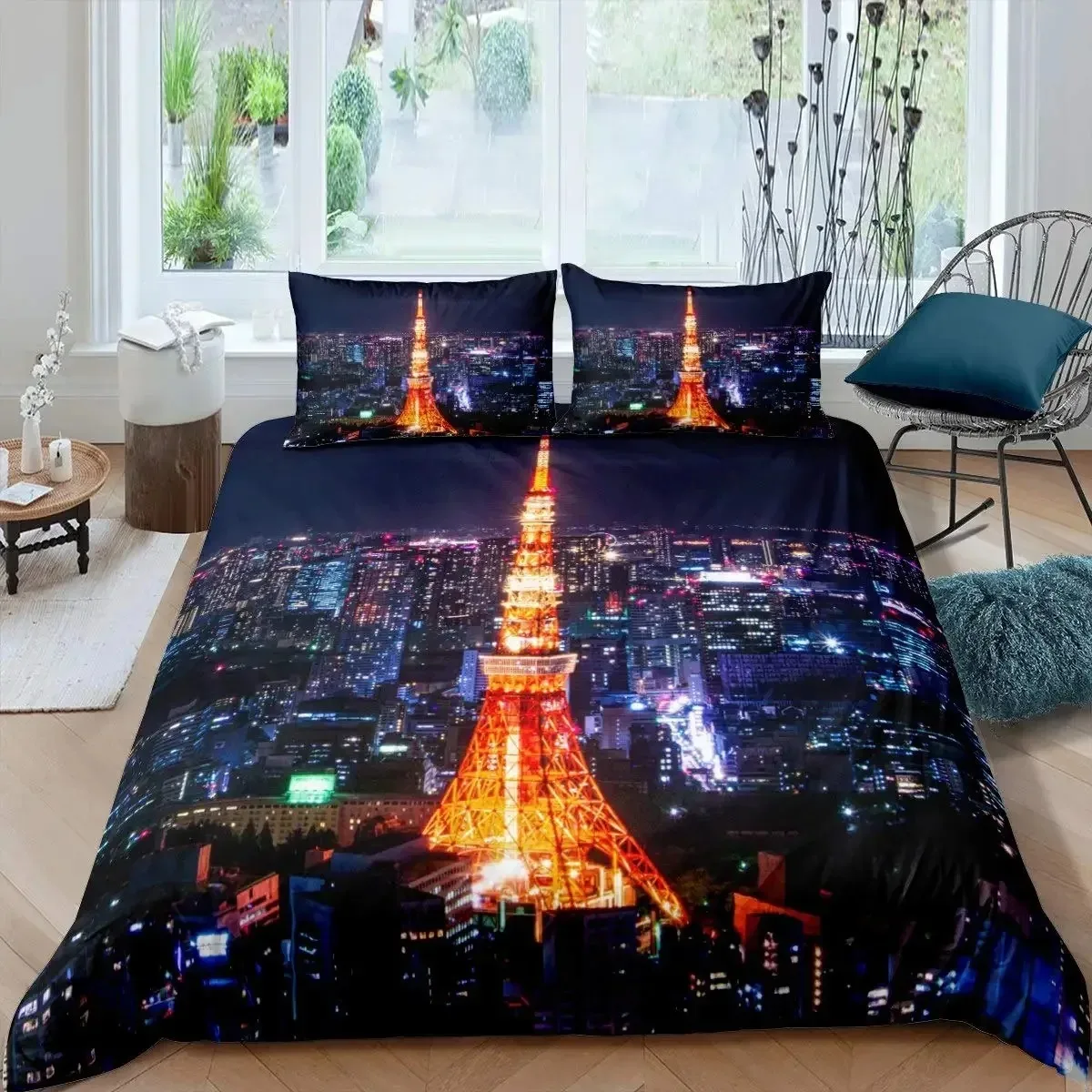 Tokyo Duvet Cover Set Queen Size Capital of Japan Bedding Set with Never Give Up Quote Japanese Culture Comforter Cover