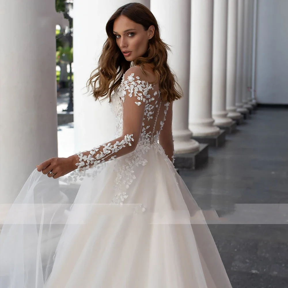 플라빈케 맞춤 A라인 레이스 웨딩드레스 긴팔 버튼 우아하고 세련된 신부 드레스 코트 트레인 브라이덜 가운 플러스 사이즈