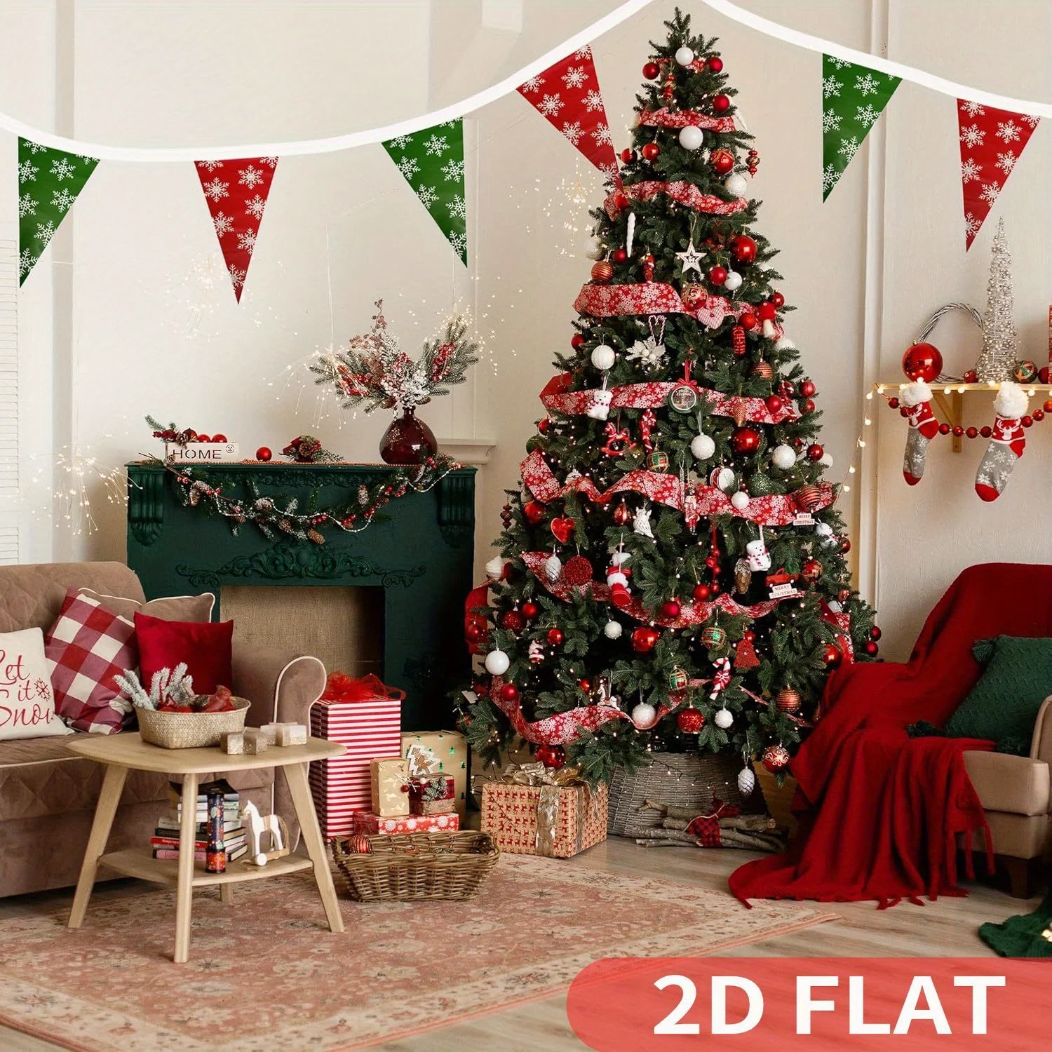 

50pcs a set 2D FLAT Christmas String Flags, Triangle String Flag Pennant Banner, Green and Red Garland with White Snowflakes