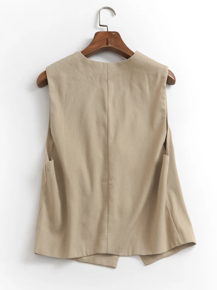 Women's Slim Fit Vintage Style Short Sleeveless Vest Top Outerwear Faux Wrap Design Polyester Fiber V-Neck Button Detail