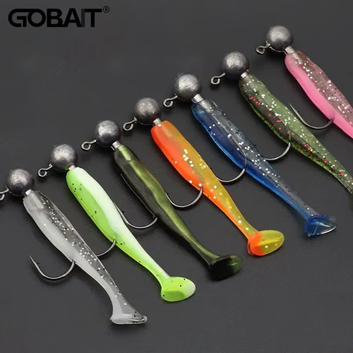 14 Uds Kit de engranajes 10 Uds señuelo suave 5,5 cm 7cm 10cm gusano de cola en T 4 Uds anzuelo de cabeza de Jigging 3g 5g 10g plantilla de Metal Pesca cebo Swimbait