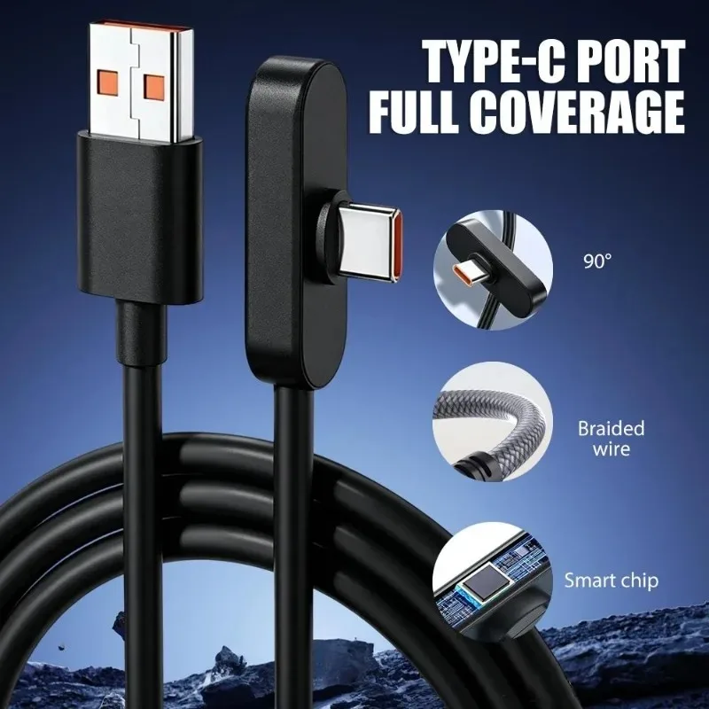 1/2/3PCS 100W 6A 90 Degree Elbow Fast Charging Phone Silicone Data Cable for Samsung Xiaomi Huawei Honor USB Type C Charger Cord