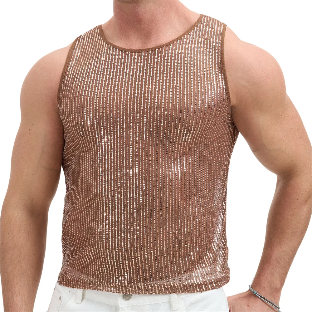 Men's Casual Sleeveless T-shirts Shiny Sequin Mesh Sheer Vests Stretchy Stylish Sparkly Crop Tank Tops Slim Rave Party Clubwear