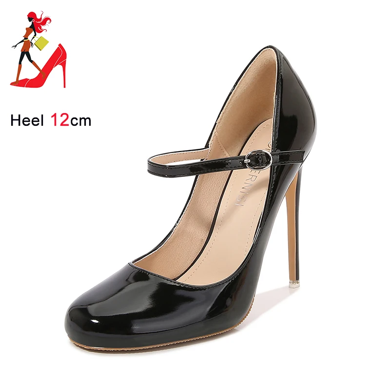 12CM Buckle Women Pumps Big Size PU Leather Office Black Shoes Round Toe Stiletto Heels Spring Autumn Party Dress Shoes For Lady