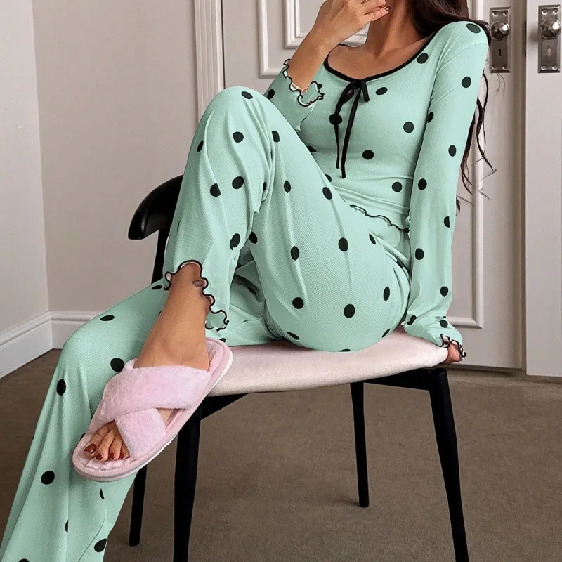 Women's Polka Dot Pajamas Set Mint Freen V Neck Long Sleeve Top&Flared Pants Black Bow Ruffles Soft Knit Home Clothes Sleepwear