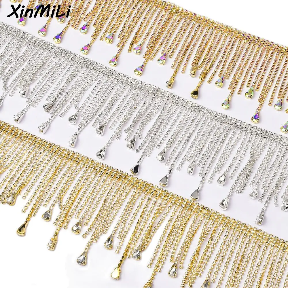 DIY Glass Teardrop Rhinestone Tassels Chain Crystal Gold AB Fringing Necklace Dancing Dress Shinning Trimming Strass 45cm