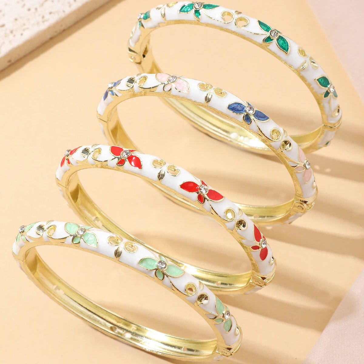 FTCY Colorful Four-leaf Flower Ename Bangles For Women Enamel Dropped Glaze Floral Zircon Bangle Luxury Jewelry Gifts