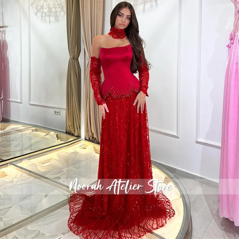 

Arabic Woman Prom Dress Two Pieces Long Sleeves Pearls Stone Sparkling Tulle A Line Evening Gown Party Dresses Customized