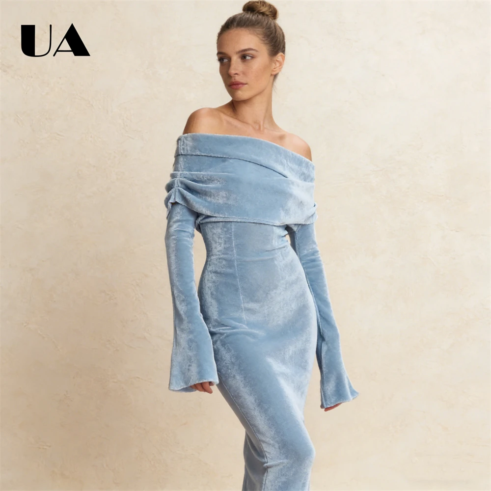 

Draped Neckline Women's Velvet Off-Shoulder Formal Dress Timeless Charm Cocktail Parties Dresses Custom Tailoring Prom Gown