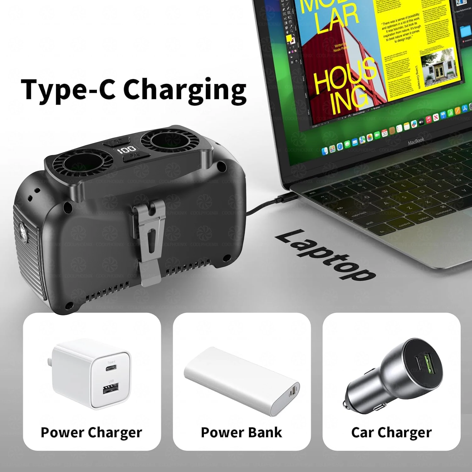 مروحة خصر محمولة خارجية بقدرة 15000 مللي أمبير في الساعة، مروحة رقبة معلقة، رياح قوية مع بنك طاقة، إضاءة LED للعمل في الهواء الطلق