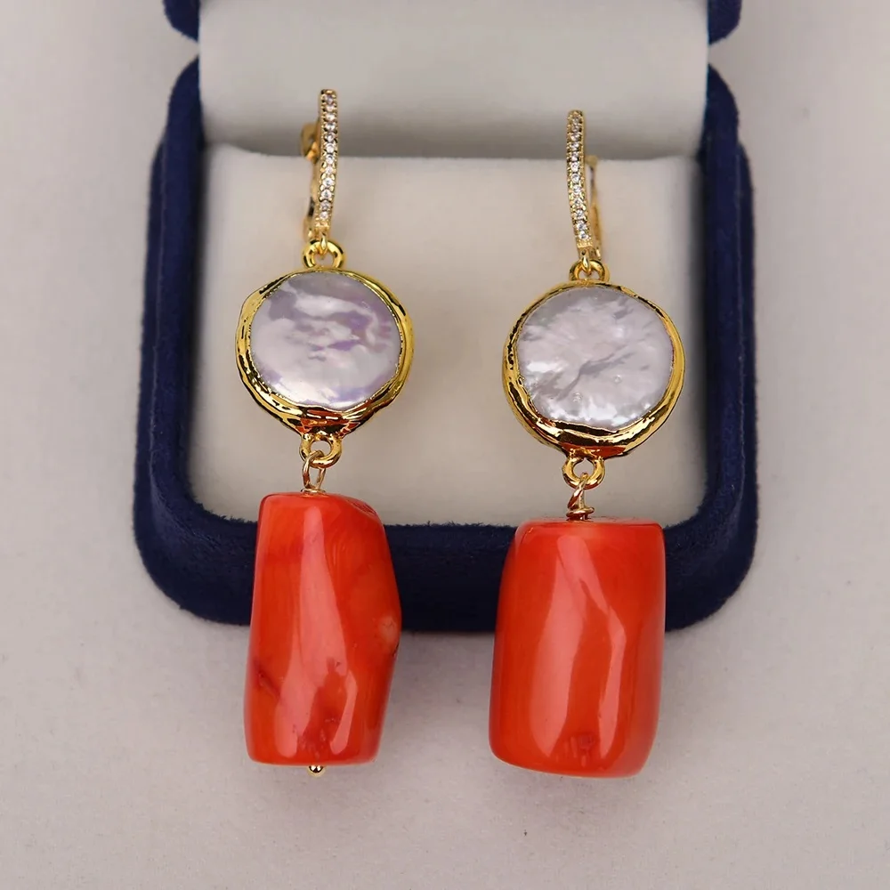 

Natural Orange Coral Gold Plated Cultured White Coin Pearl Dangle Earrings CZ zircon Hook Handmade Party Jewelry Gifts