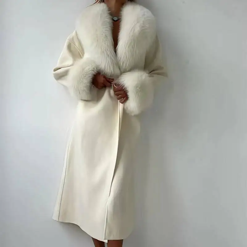 

Women's Elegant Cream-Colored Long Wool Coat With Faux Fur Collar And Cuffs, Featuring Self-Tie Belt For A Stylish Winter Look
