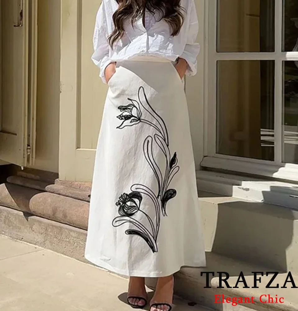 TRAFZA-Saias bordadas casuais elegantes para mulher, elemento chinês, saia com bolsos, nova moda, verão, 2024