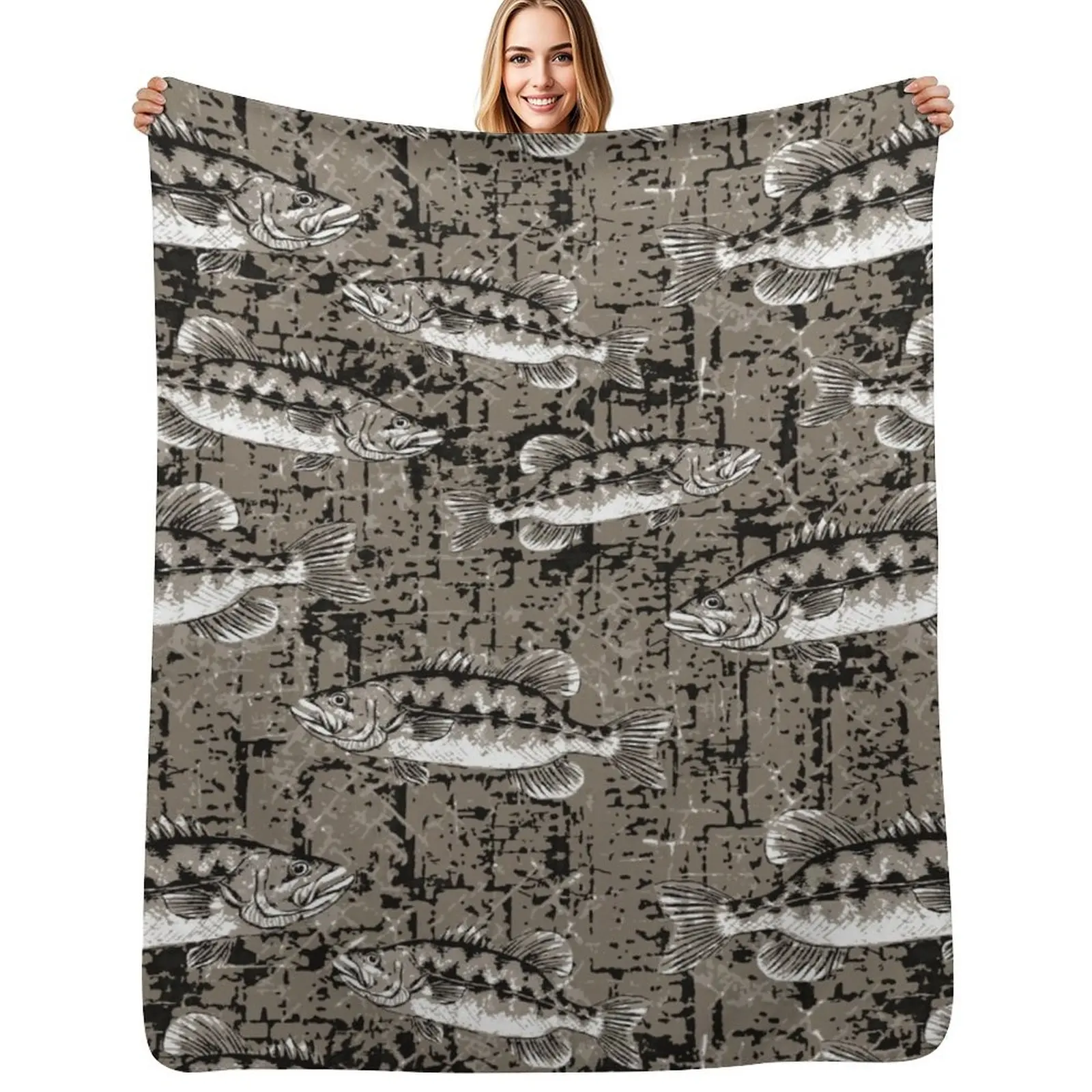 

Monochromatic Largemouth Bass Camo Pattern - Bark Brown Throw Blanket Polar Extra Large Throw Soft Plush Plaid Travel Blankets