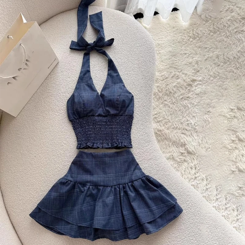 

French Retro Plaid Skirt 2 piece Set Women Summer Sleeveless Backless Halter Tops + Mini Cake Skirts High Street Suit 2025