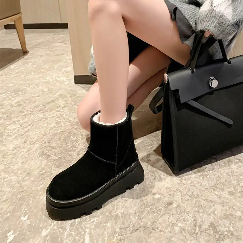 Krazing Pot Wool Cow Suede Round Toe Thick High Heels Snow Boots Fur Stay Warm Waterproof Kpop Style Cozy Slip On Ankle Boots