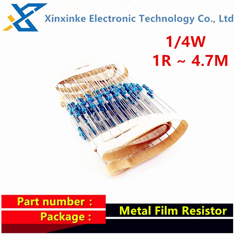 

100PCS 1/4W 0.25W 1R-4.7M ±1% 100R 220R 330R 1K 1.5K 2.2K 3.3K 4.7/10/22/47K 100K 2K2 4K7 1M 2.2M Metal Film Resistance Resistor