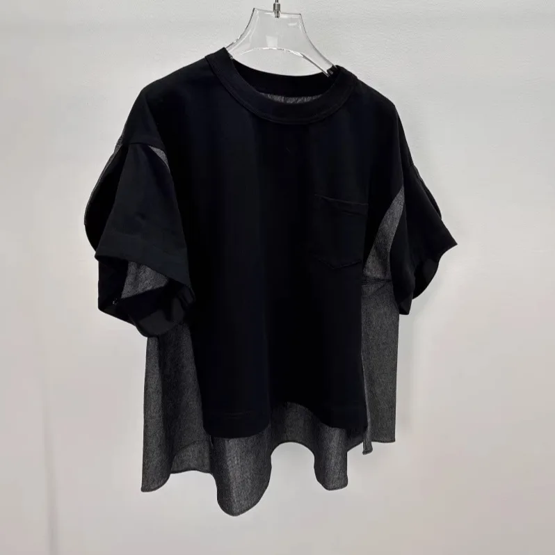 2026 Early Spring New Japanese Asymmetrical Color Block T Shirt Casual Loose Short Sleeve Top