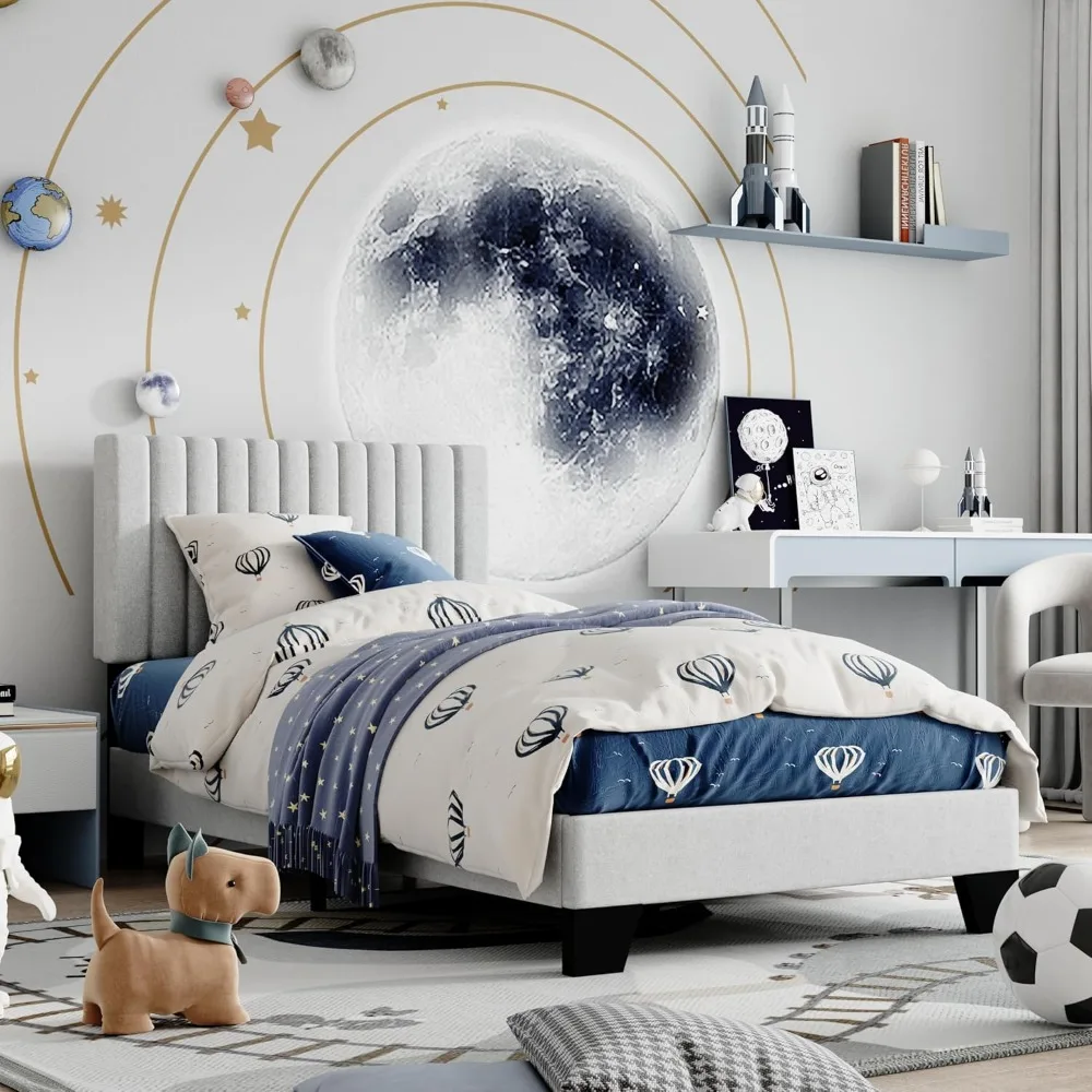 سرير بمنصة مغطاة بالقماش بحجم مزدوج مع لوح رأسي قابل للتعديل، وشرائح خشبية قوية وتصميم بدون ضوضاء
