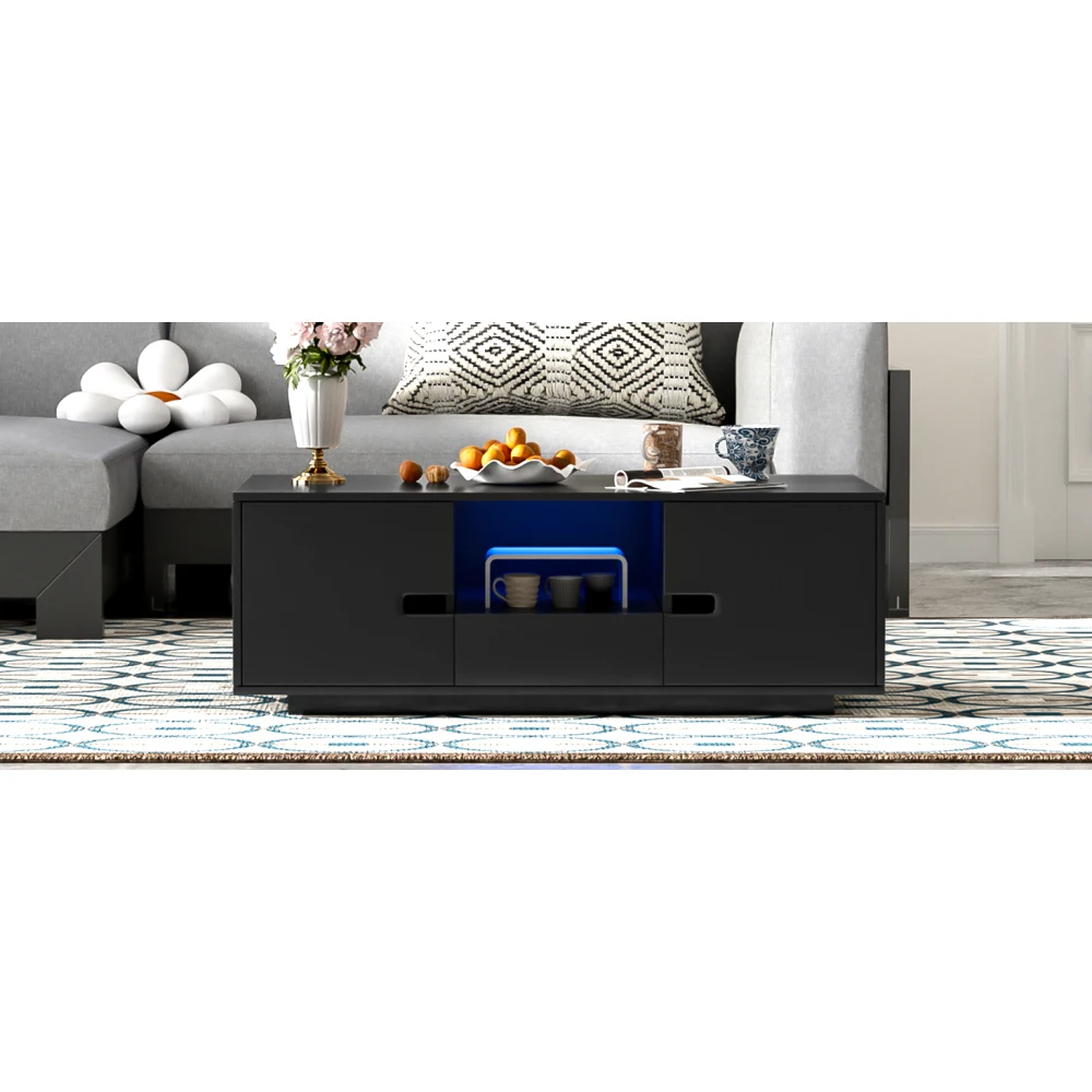 U-Can Modern High Glossy Rectangle Coffee Table Stylish Center Table with Storage Space Accent Furniture 16 Color LED Lights