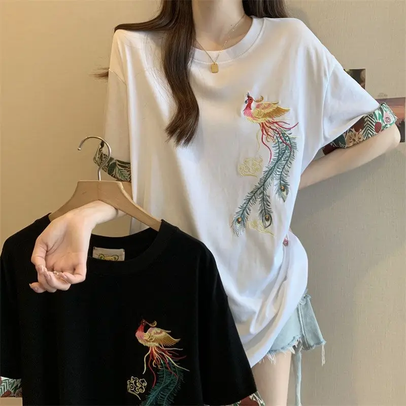Chinese Style Vintage Embroidery Women Loose T Shirts Summer 2025 White Half Sleeve Pullover Tops Casual Loose Clothing Female