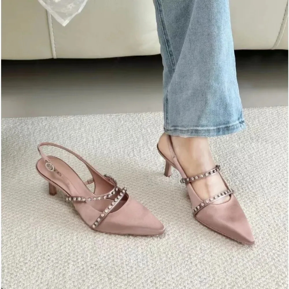 Fashion Women's Sandals Pink Satin Pointed Toe Rivet Decor High Heels for Women Wedding Dress Shoes for Woman Sandalias De Mujer
