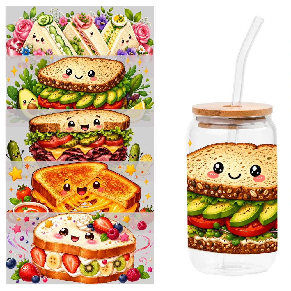 5 Sheets Cute Sandwich UV DTF Stickers Mug Decoration Gift Suitable for 16 oz Glass Plastic Self-Adhesive Labels