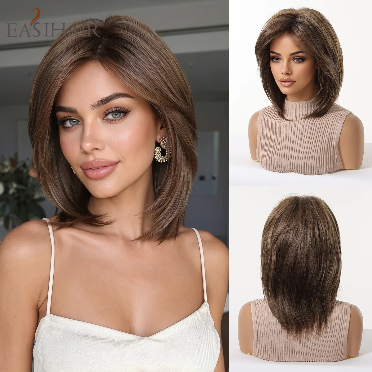 Medium Straight Brown Wig with Soft Bangs Layered Cut Synthetic Heat Resistant Fiber Natural Looking Wig for Women Daily Party