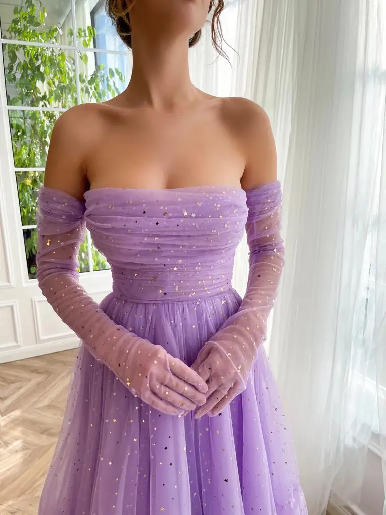 Tulle Strapless Prom Dresses Women Sleeveless A-Line with Pleats Tea-Length Evening Gowns Little Star Simple Lilac Party Dress