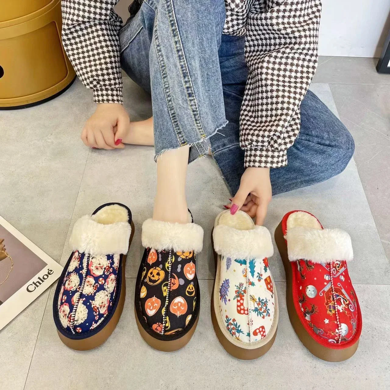 Zapatillas de plataforma con punta cerrada para mujer, zapatos de algodón de felpa corta para el hogar, calzado informal de Interior para Otoño e Invierno