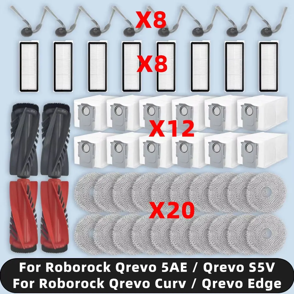 Kompatibel für ( Roborock Qrevo 5AE / S5V / Curv / CurvC / Curv S5X 5A1 5XC / Edge / EdgeC / Edge S5A 5V1 ) Roboter Vakuum Ersatzteile Hauptseite Pinsel Mopp Pad HEPA-Filter Staubbeutel Zubehör Verbrauchsmaterialien