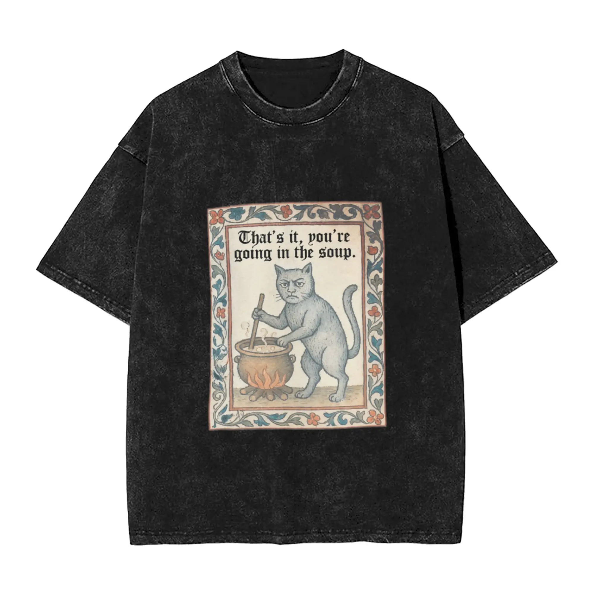 Medieval Cat Goes In The Soup Unique Stylish A Vintage Oversized Cotton Unisex T-Shirts